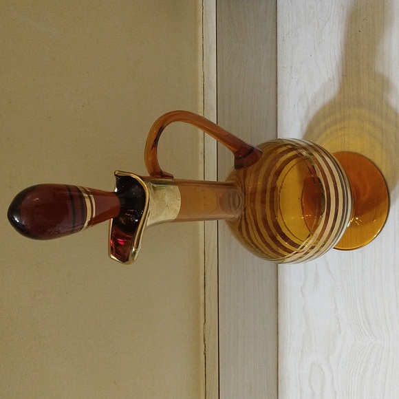 Vintage Art Deco 1920's/30's MCM Amber & Gold Striped Tall Wine Decanter - Picture 3 of 5